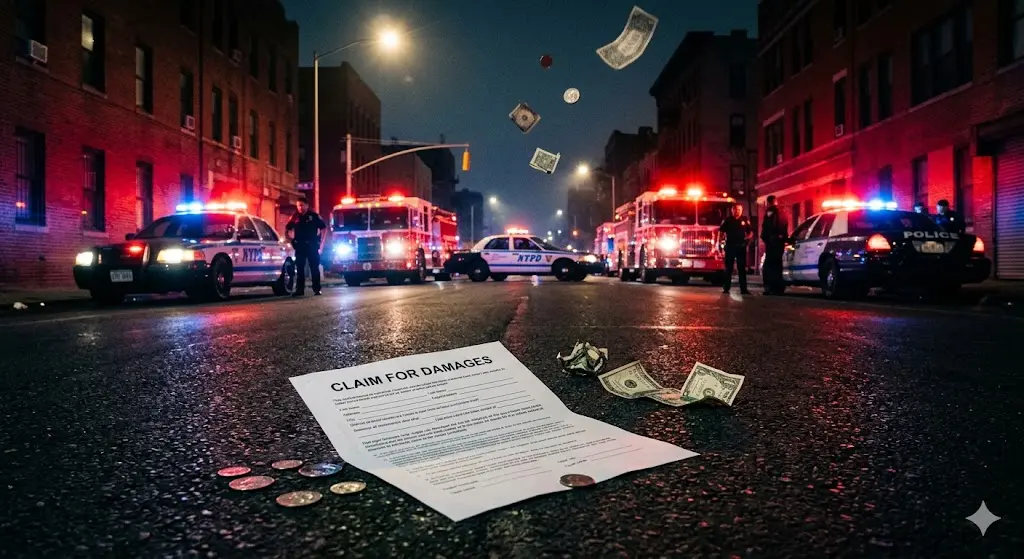 허위신고로 출동한 다수의 경찰차와 소방차로 인해 낭비되는 국가 세금과 손해배상 청구서 이미지