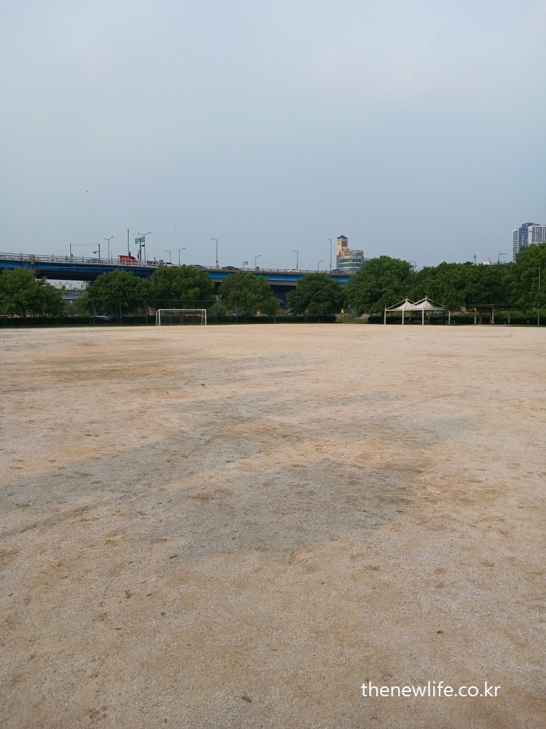 Wide view of the Gwangnaru soccer field with pavilion and bridge in background-광나루 한강공원 축구장의 전경, 배경에 다리와 정자가 보이는 맨발 걷기에 좋은 장소 풍경