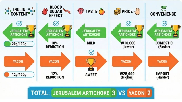 돼지감자와 야콘의 최종 승자를 결정짓는 항목별 종합 요약 인포그래픽