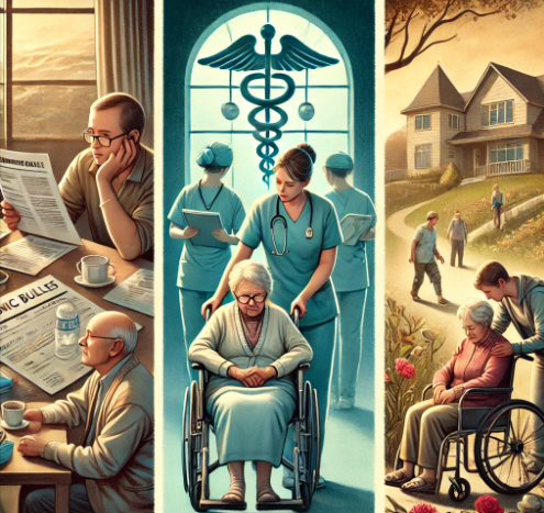 치매와 고령화 사회
경제적 부담 (왼쪽)-가족이 진료비 청구서나 의료비 내역을 보며 걱정하는 모습.
요양시설 (가운데)-전문 요양보호사가 있는 시설에서 치매 노인들이 안전하게 돌봄을 받는 장면.
가족 돌봄 (오른쪽)-가족 구성원이 집에서 노인을 따뜻하게 돌보는 모습.