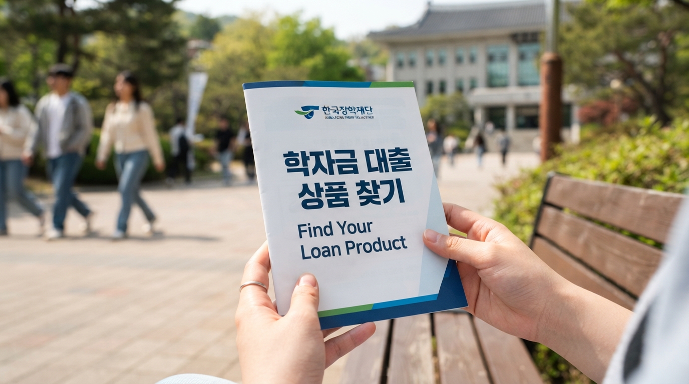 자신에게 맞는 학자금대출 상품을 확인하기 위해 한국장학재단 안내서를 들고 있는 모습