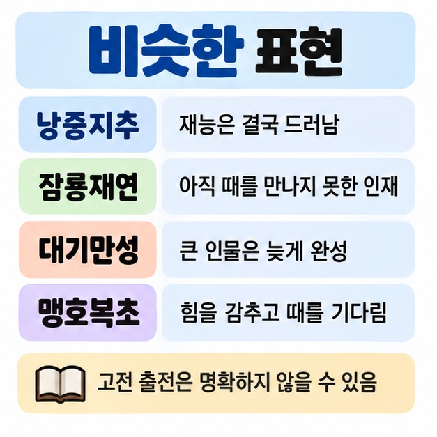 맹호복초와 낭중지추, 잠룡재연, 대기만성의 뜻 차이를 비교하고 고전 출전이 명확하지 않을 수 있음을 정리한 카드