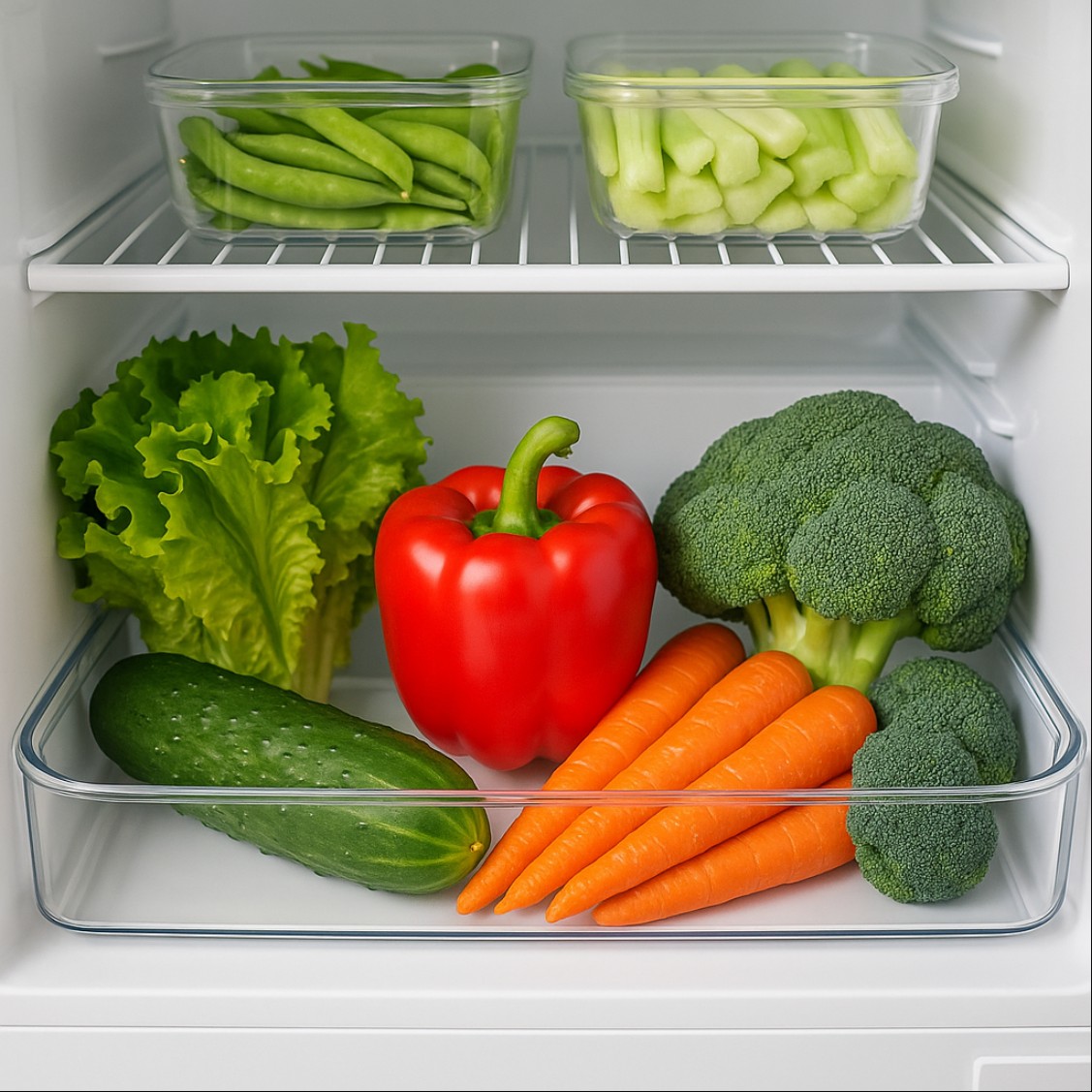 채소 보관 방법을 보여주는 냉장고 속 신선하게 정리된 채소 이미지