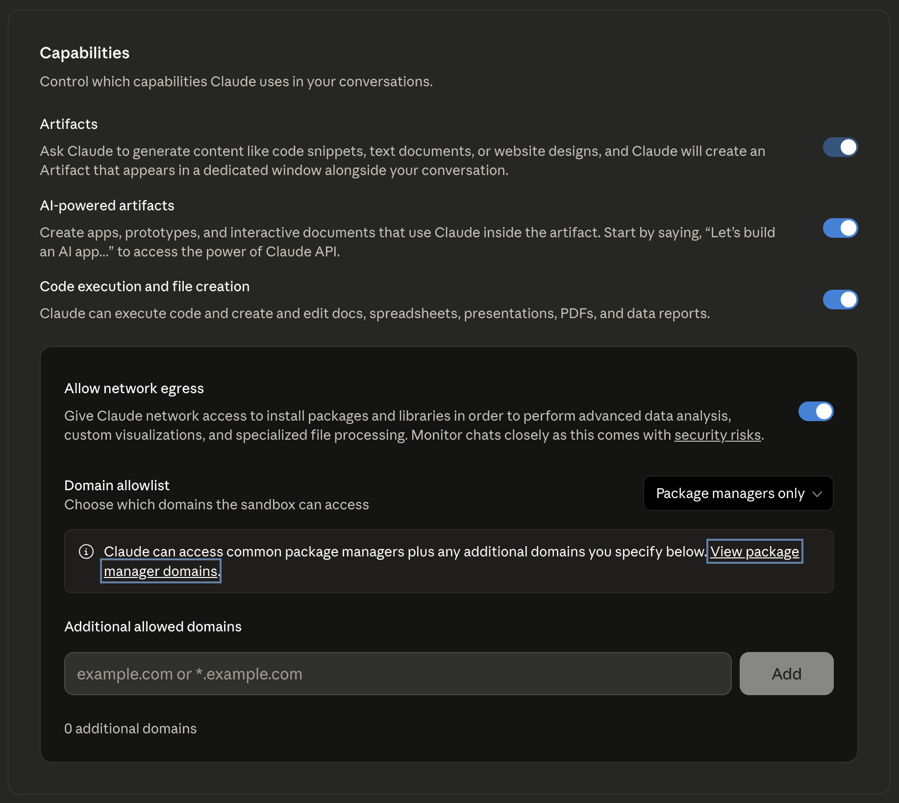 Claude에서 Skill을 사용하기 위한 'Code execution and file creation' 활성화 확인