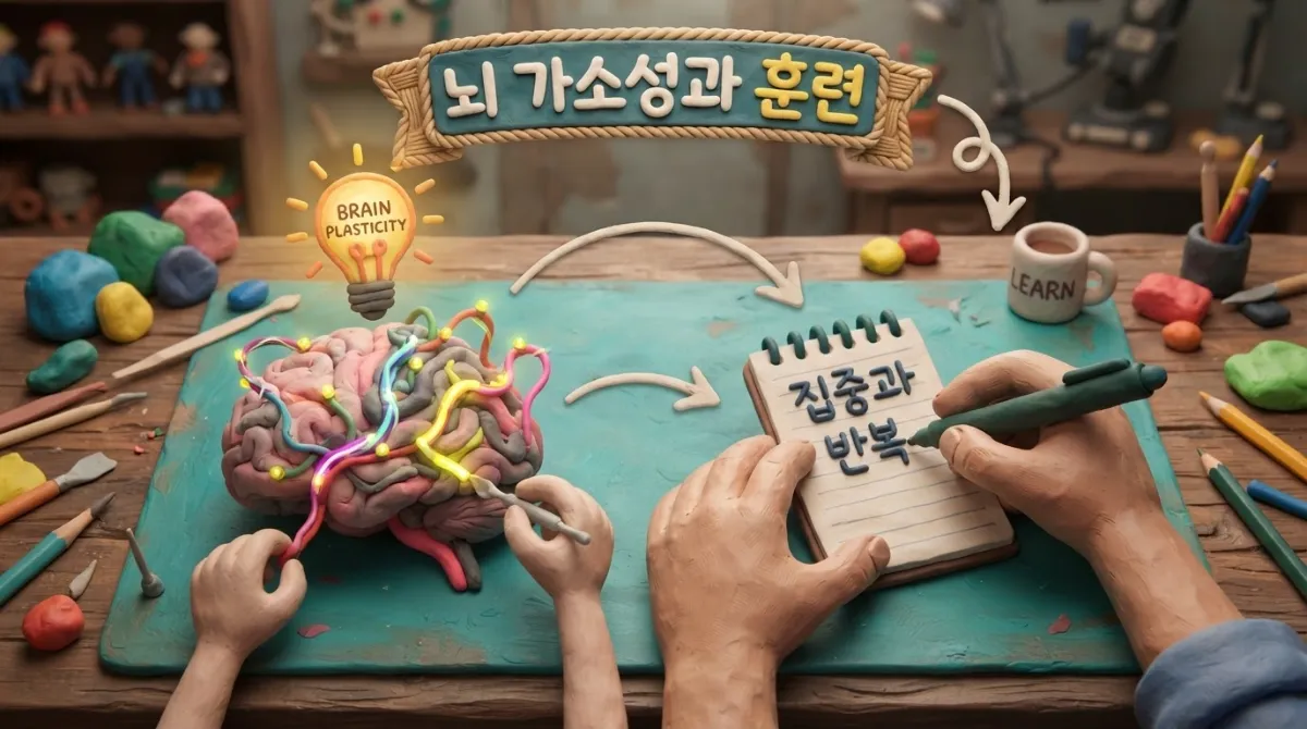 뇌 가소성과 후천적 손 사용 훈련 인포그래픽 — 양손 필기 훈련을 통해 반대편 뇌 반구의 신경 회로가 재배선되는 과정을 클레이 책상 위 뇌와 손 모형으로 시각화한 교육용 애니메이션