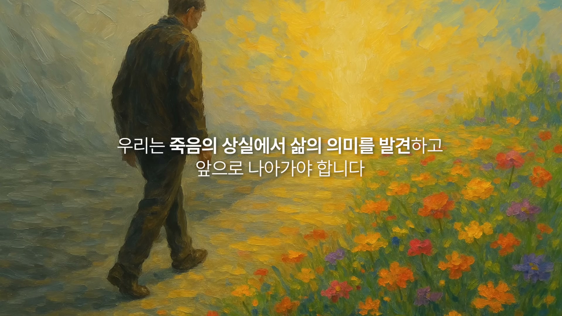 꽃밭 옆을 걸어가는 한 남자의 뒷모습 그림 위에 우리는 죽음의 상실에서 삶의 의미를 발견하고 앞으로 나아가야 합니다라는 자막이 떠 있다.