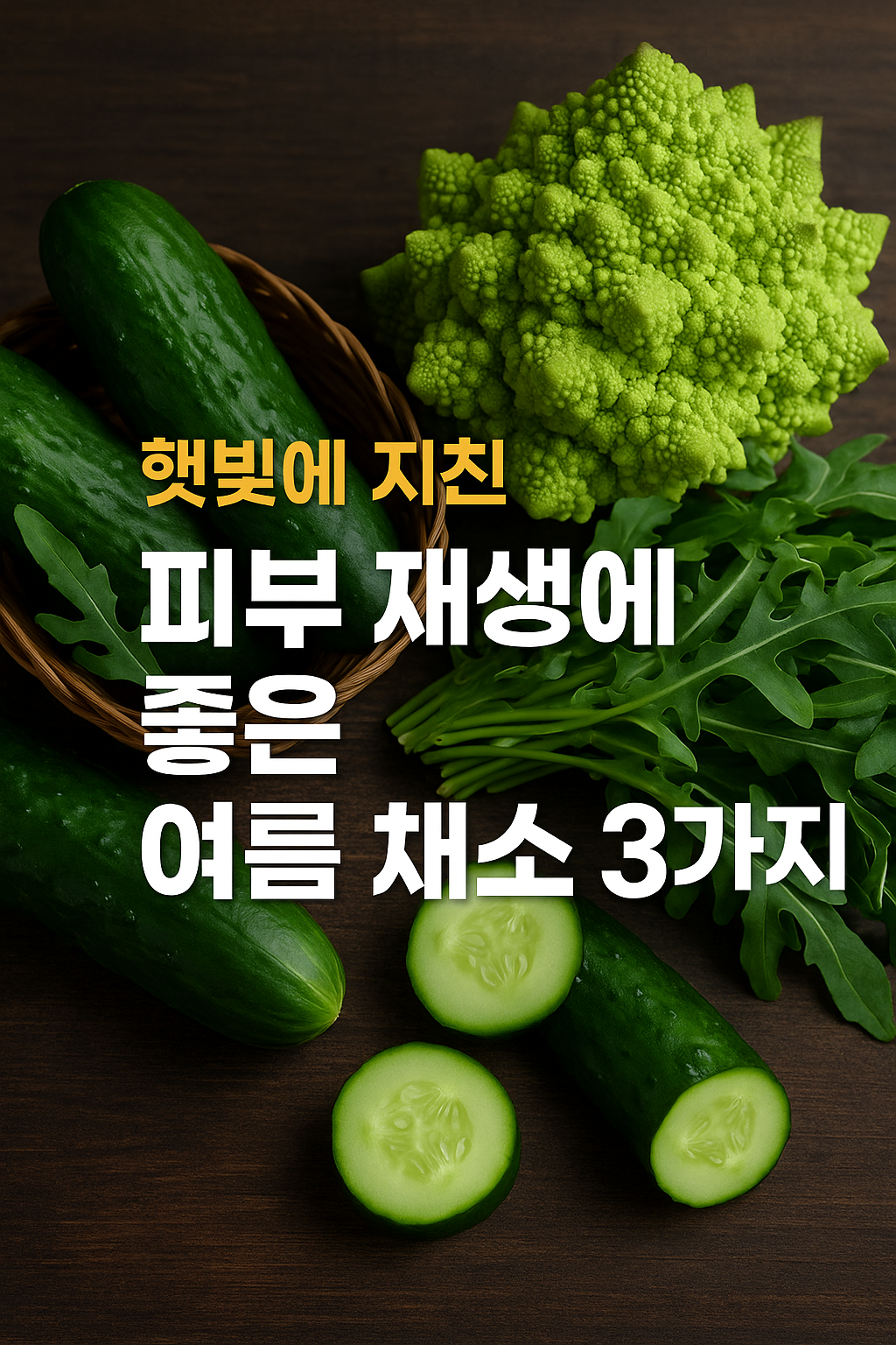 "로마넥스, 오이, 루꼴라가 나무 테이블 위에 놓여 있는 모습. 햇빛에 지친 피부 재생에 좋은 여름 채소 3가지를 소개하는 텍스트가 포함된 이미지"