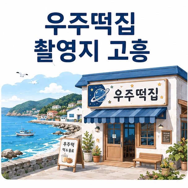 고흥의 푸른 바다와 해안 마을의 우주떡집 촬영 건물을 함께 배치해 우주떡집 촬영지 고흥을 표현한 대표 이미지