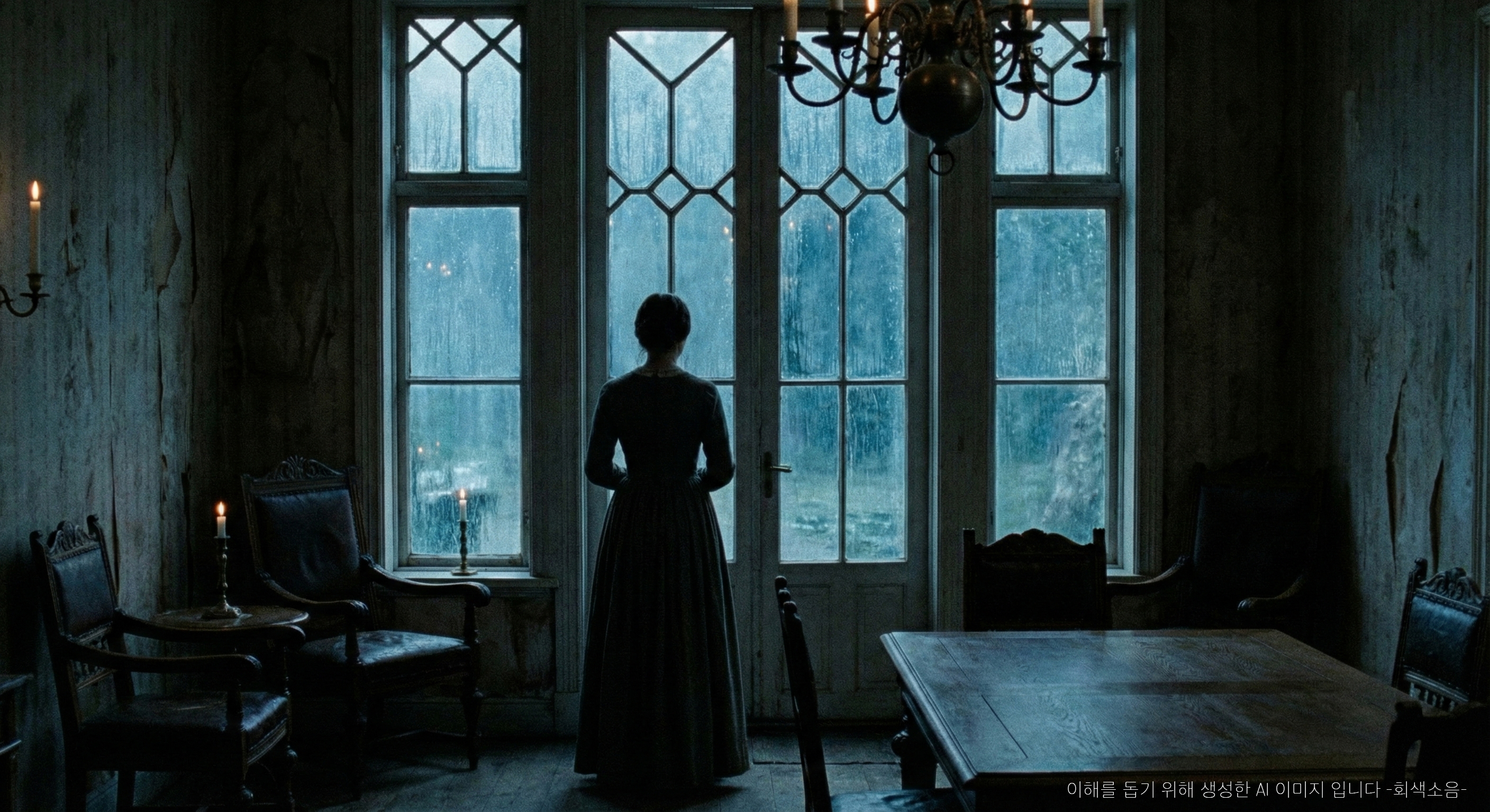 빗속의 여인 : 19세기 노르웨이의 음울한 정원 방에서 한 여인이 프렌치 윈도 앞에 실루엣으로 서 있고, 빗물이 흐르는 유리 너머로 차가운 비와 회색 풍경이 번져 보이는 우울한 장면.