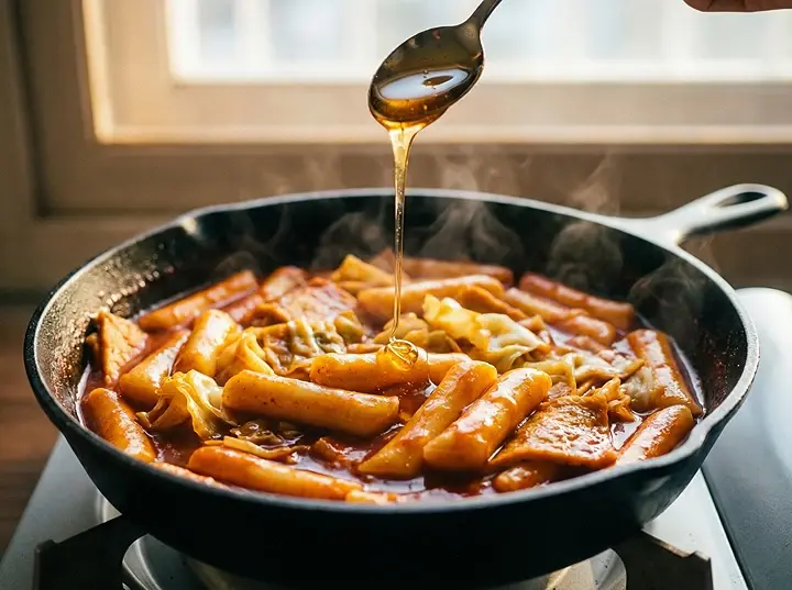 약불에서 떡볶이에 꿀을 넣고 저어 마무리하는 장면