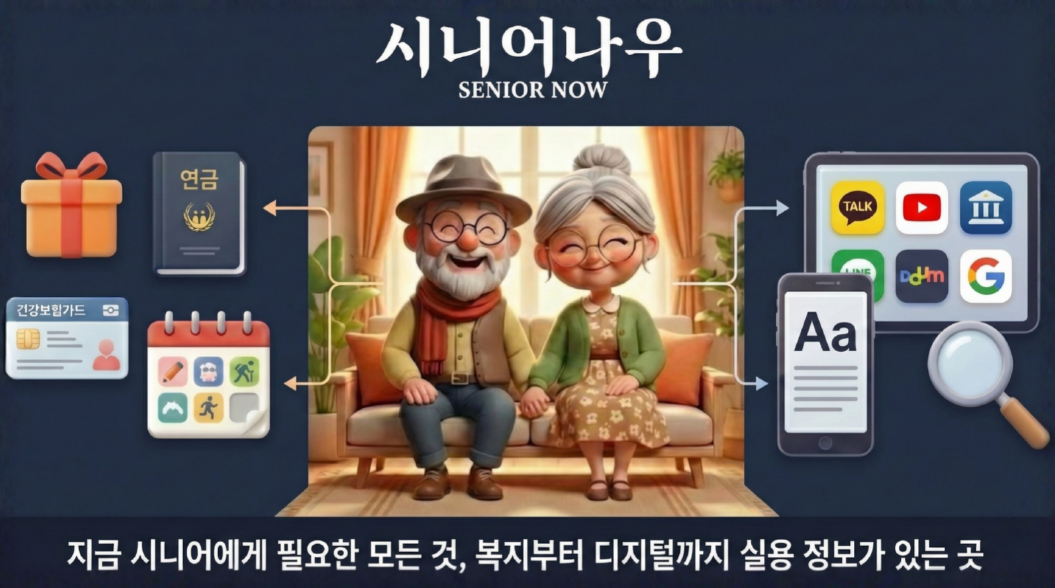 지금 시니어에게 필요한 모든 것, 복지부터 디지털까지 실용 정보가 있는 곳, 시니어나우입니다. 인포그래픽