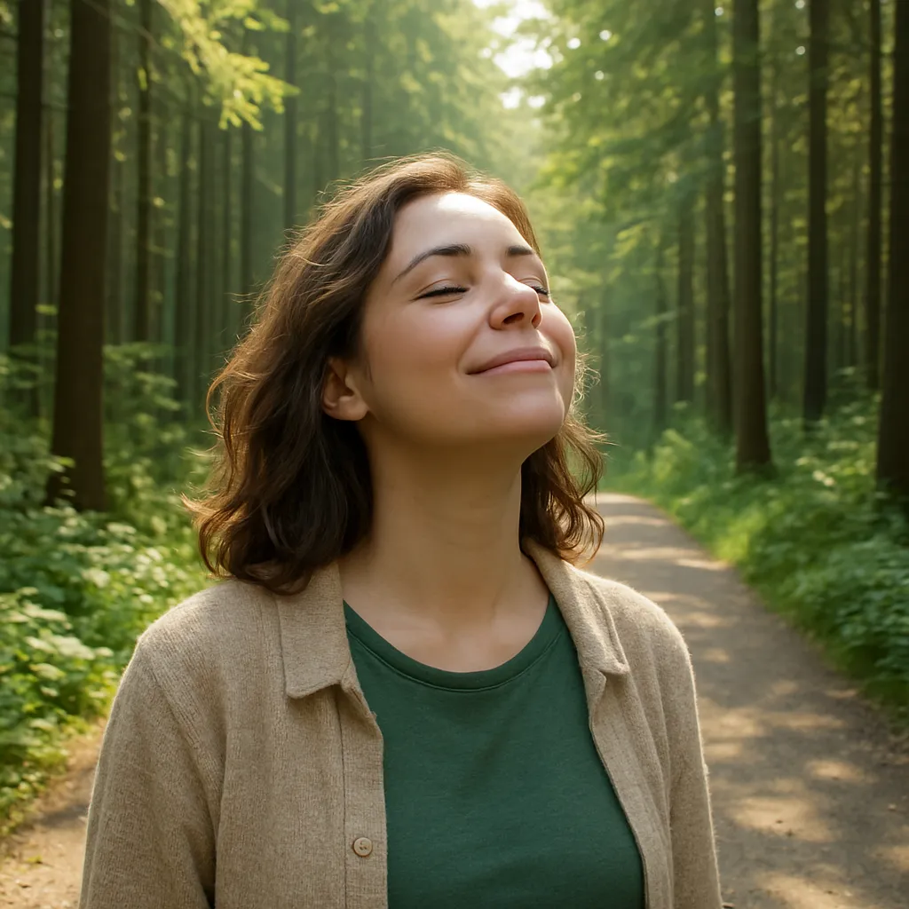 숲속-나무-사이로-햇살이-비치고-상쾌한-공기를-들이마시며-미소-짓는-여성의-모습을-담은-장면으로,-피톤치드와-풍부한-산소가-상쾌함과-정신적-안정감을-주는-과학적-이유를-상징적으로-표현한-이미지