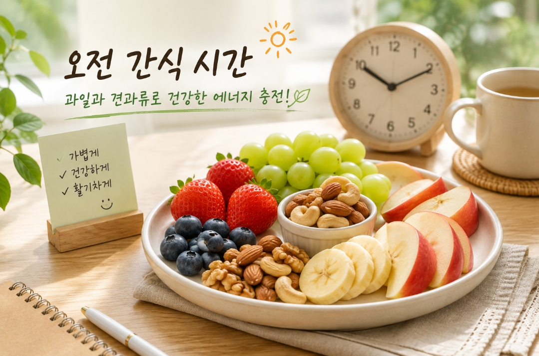 오전 간식시간, 과일과 견과류 에너지 충전
