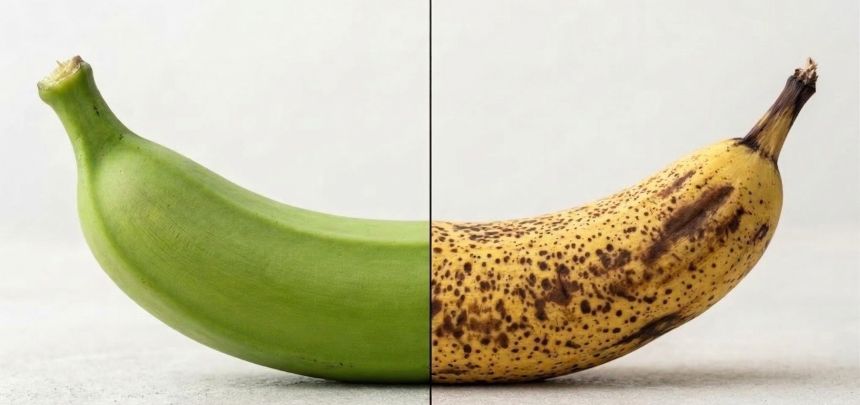 혈당 관리를 위한 덜 익은 초록 바나나와 많이 익은 갈색 점박이 바나나 비교