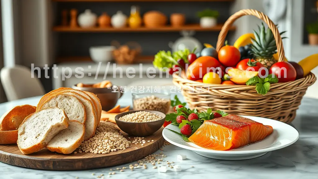밝은 주방 식탁 위 오른쪽에는 바구니에 담긴 신선한 과일과 채소, 나무 그릇에 담긴 통곡물, 하얀 접시에 담긴 슈퍼푸드(연어)가 건강한 음식과, 그 옆에 왼쪽에는 어둡고 흐릿한 배경에 흰 빵, 인스턴트 과자, 튀김 등이 쌓여 있는 이미지.
