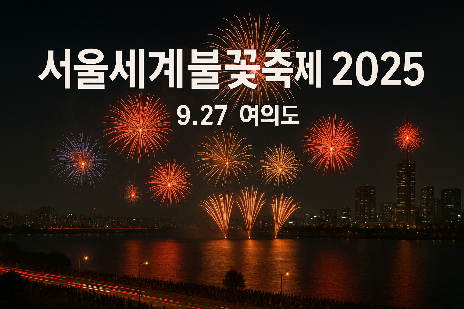 여의도 야경과 한강 수면 반사, 원형·부채꼴 불꽃이 동시에 터지는 순간