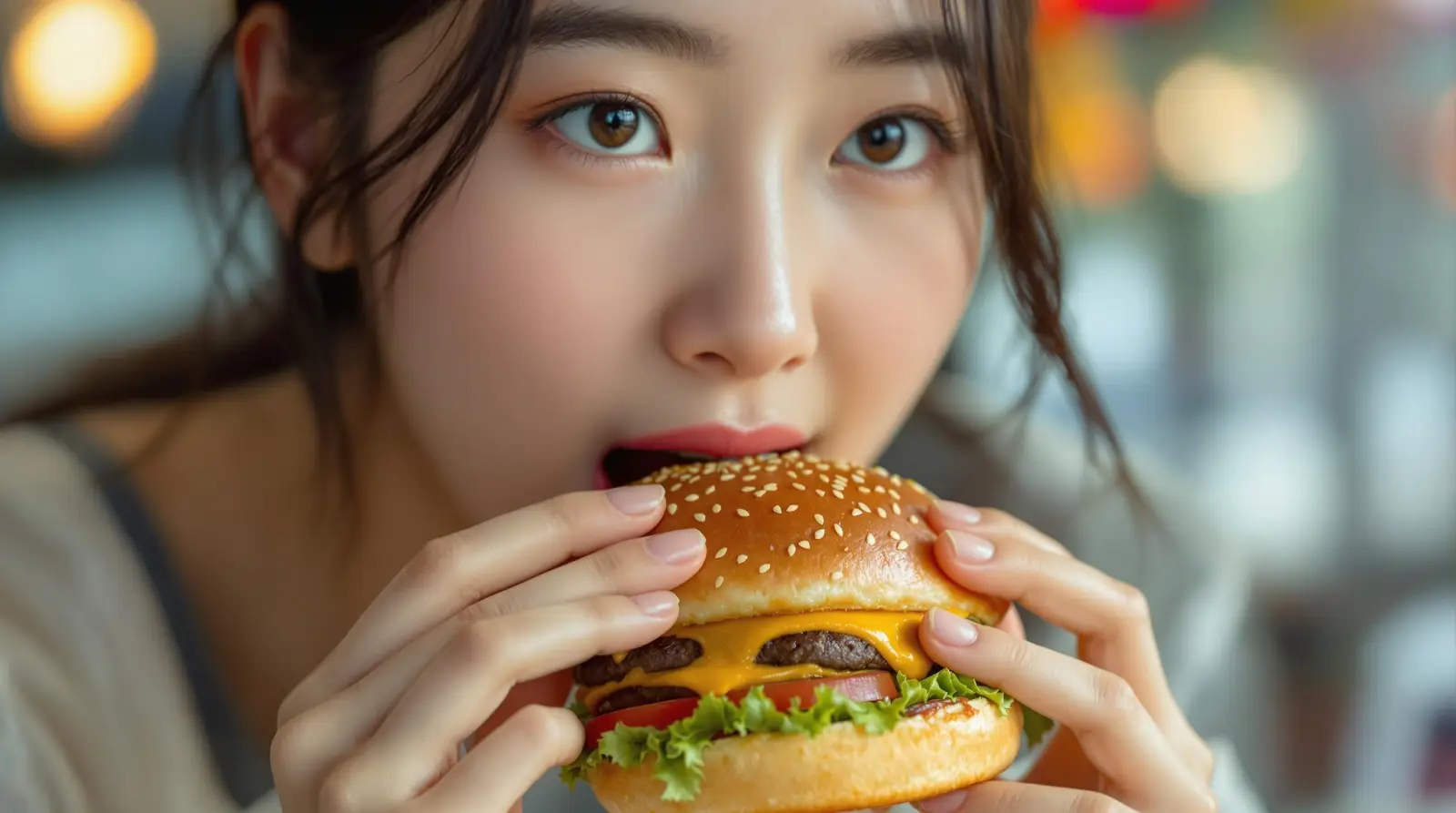 햄버거를 먹는 여성