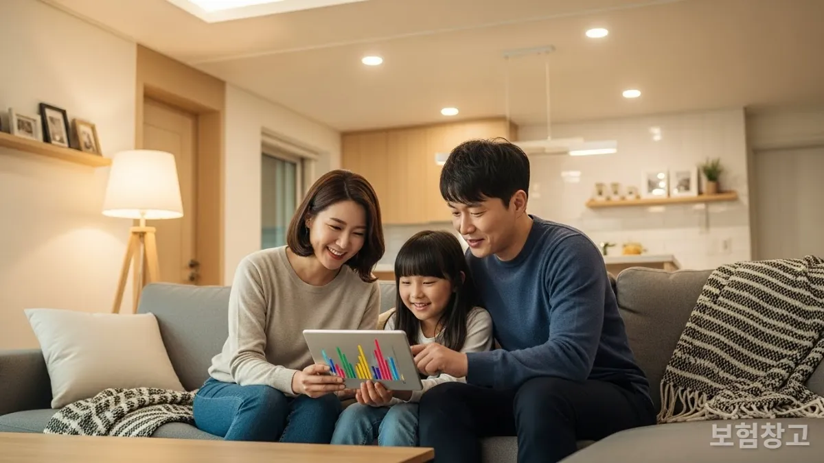가족과 함께 연말정산 계획을 세우는 행복한 한국인 가족