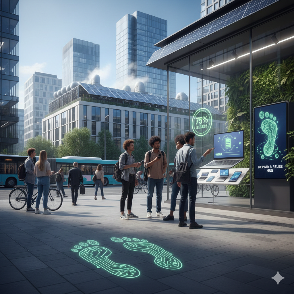 도시의 거리 풍경. 몇몇 젊은이들이 친환경적인 외관의 상점 앞 디스플레이를 바라보고 있어요. 디스플레이에는 노트북 그림과 함께 이산화탄소 75% 감소(LESS CO2), 수리 및 재사용 허브(REPAIR & REUSE HUB)라는 문구가 표시되어 있어요. 바닥에는 녹색 빛의 회로 기판 모양 탄소 발자국 아이콘이 새겨져 있고, 배경에는 태양광 패널이 설치된 건물과 대중교통(버스)이 보여요. 이는 소비자들이 탄소 발자국 정보를 기반으로 친환경적인 구매를 하는 모습을 묘사해요.