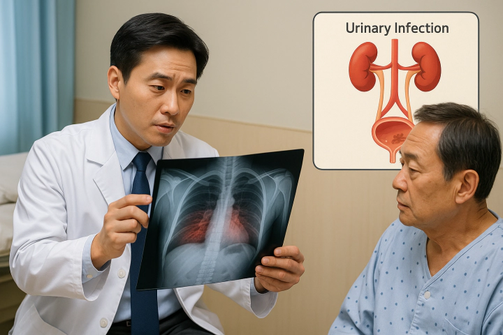 감염원인(폐렴, 요로감염)을 설명하는 의사와 환자