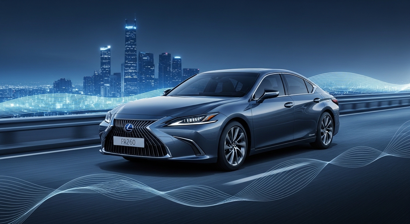 2026 렉서스 ES 300h의 세련된 블루-그레이 외관과 미래 지향적인 도시 풍경이 어우러진 이미지. 높은 연비와 고급스러움을 강조합니다.