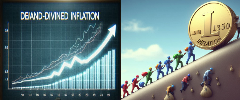 두 개의 그림이 있다. 왼쪽에는 시간에 따라 비용이 증가하는 그래프가 그려져 있고, 그 위에 DEMAND-DIVINED INFLATION이라고 적혀 있다. 오른쪽에는 등에 짐을 지고 언덕길을 오르는 사람들이 줄지어 서서 밧줄을 끌고 있다. 언덕의 가장 높은 곳에는 커다란 동전이 있는데 그 안에 INFLATION 글자와 숫자가 적혀있다.