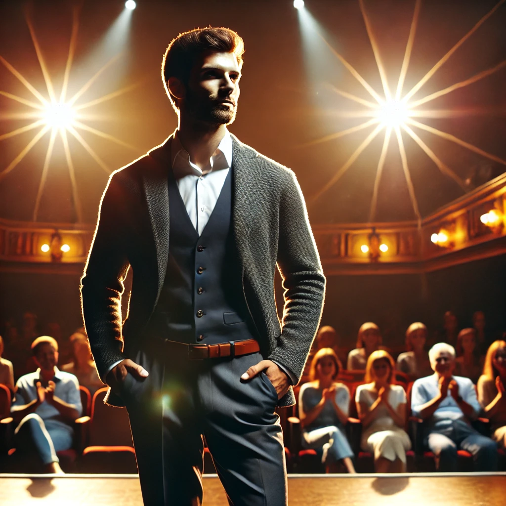 자신감을 가지고 무대에 서있는 배우