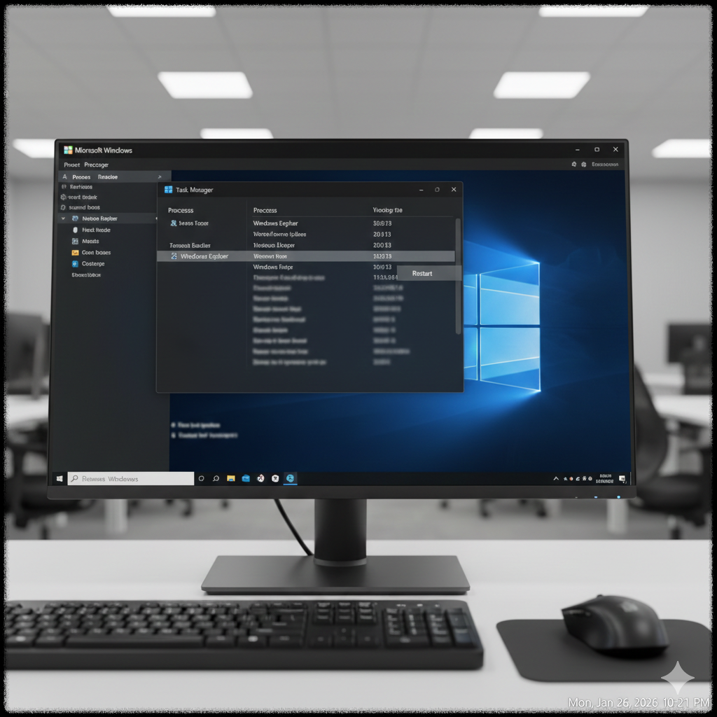 작업 관리자에서 파일 탐색기 프로세스를 찾아 재시작하는 모습