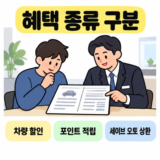 구매자와 상담자가 견적서를 함께 살펴보며 차량 할인과 포인트 적립 및 세이브 오토 상환을 구분하는 그림