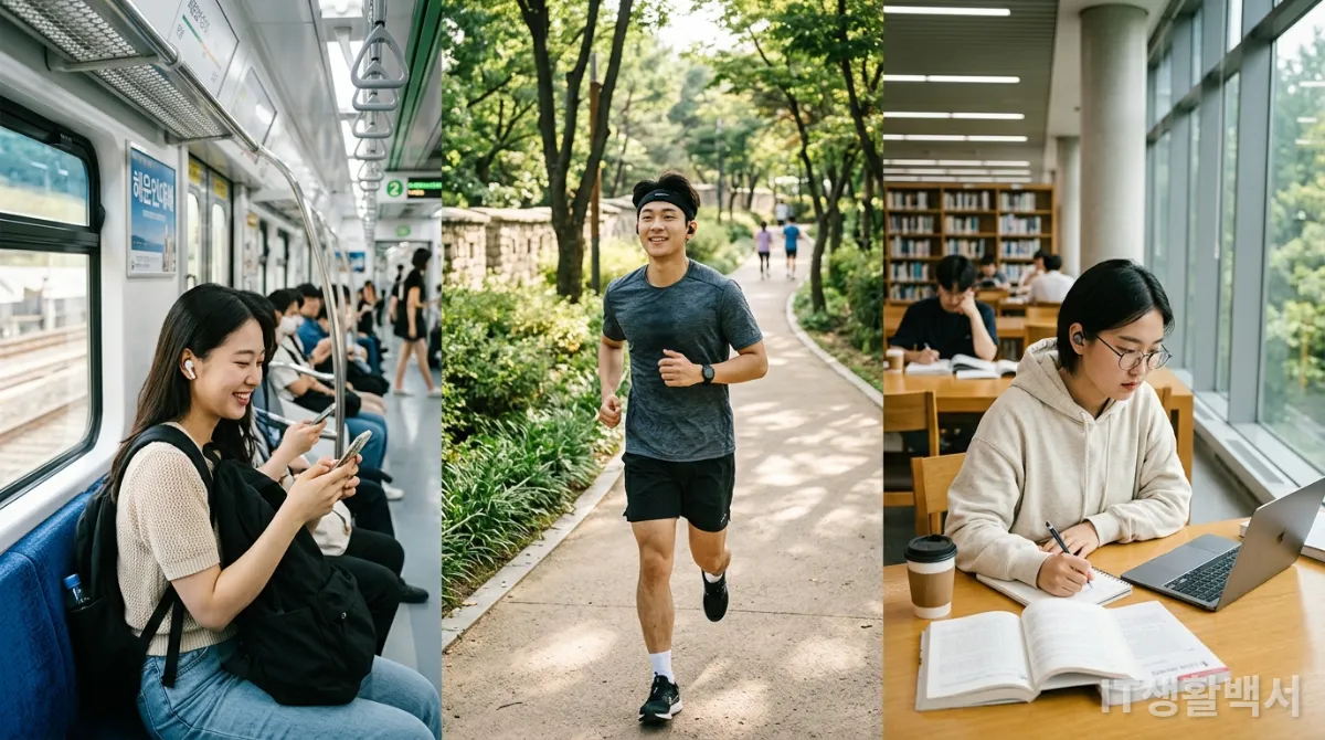 다양한 일상 환경에서 무선 이어폰을 사용하는 젊은 한국인들