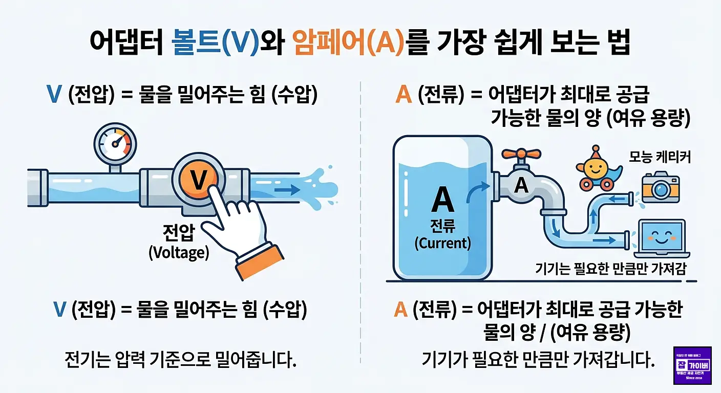 1 어댑터 볼트와 암페어를 물의 흐름으로 비유하여 도입부에서 개념 설명.