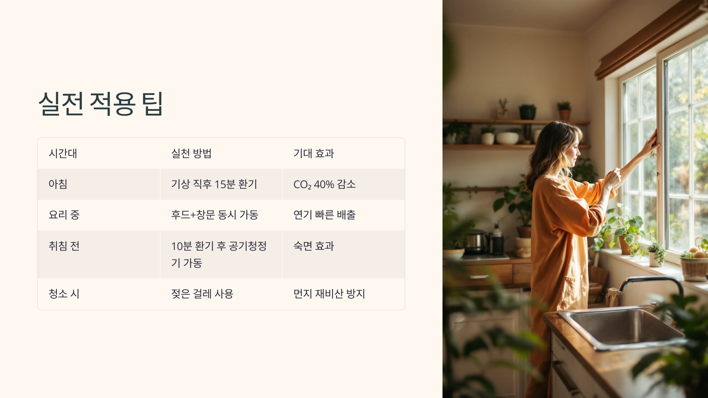 한 여성이 실내 공기질을 좋게 하기 위해서 창문을 열고 있다