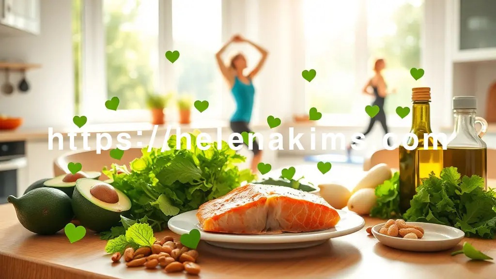 따뜻한 햇살이 비치는 아침, 활기찬 주방 테이블 위에 신선한 야채(아보카도, 녹색 잎채소), 견과류, 올리브 오일 병, 그리고 연어 스테이크가 건강하게 세팅되어 있고, 테이블 한편에는 요가 매트 위에서 스트레칭을 하거나 공원에서 가볍게 조깅하는 사람의