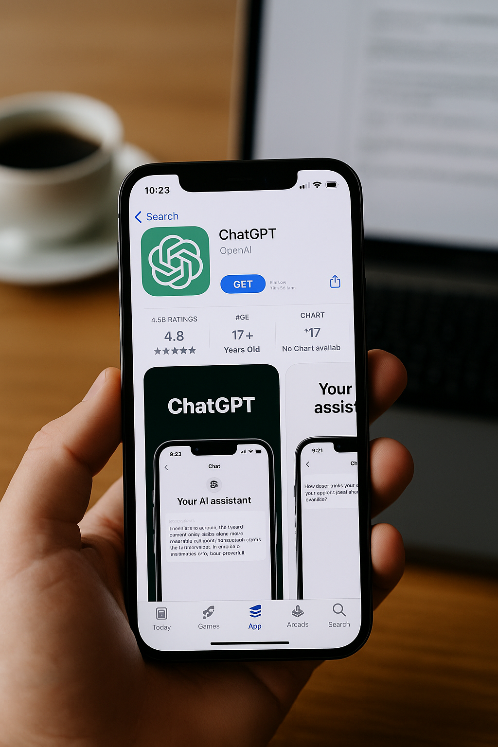 ChatGPT 모바일 앱 설치 장면 – iPhone에서 App Store를 통해 OpenAI 공식 앱 설치 화면을 보여주는 실사 이미지