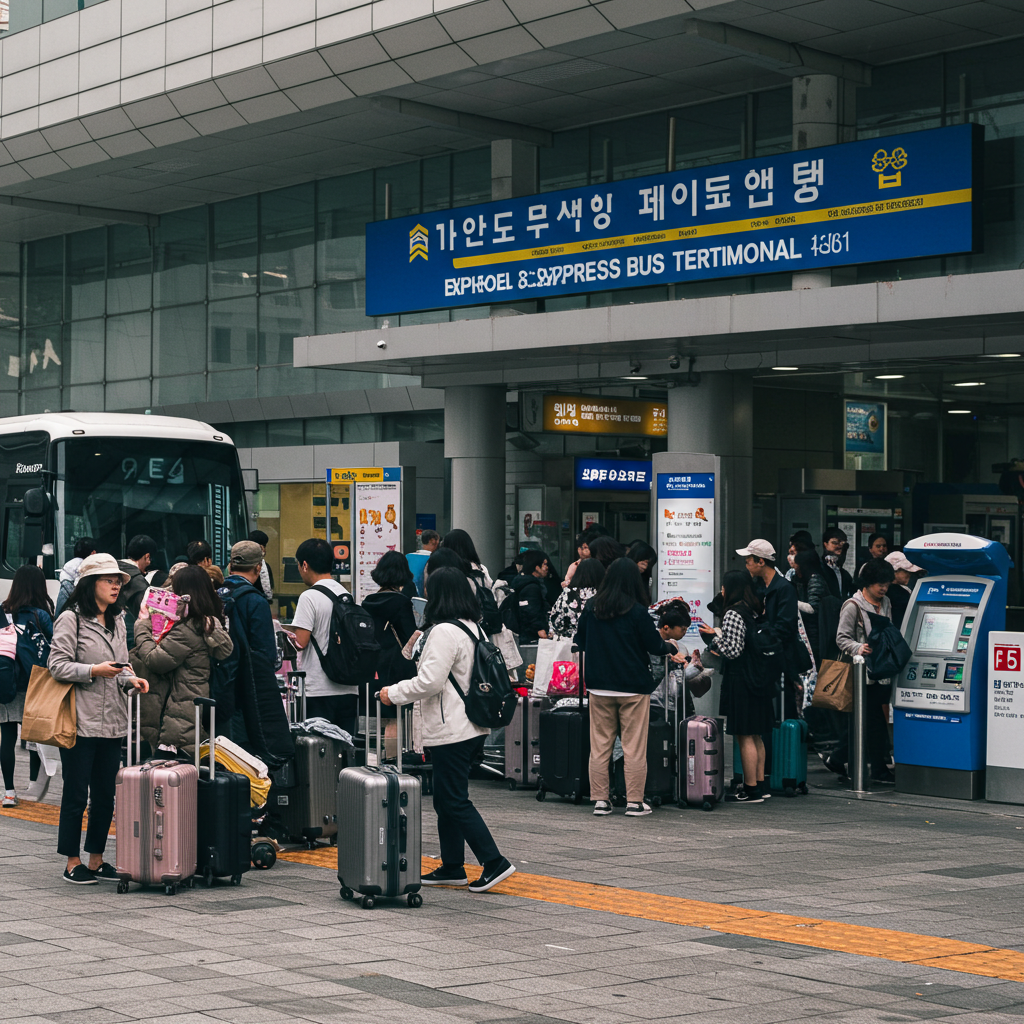 명절 아침 서울 고속버스터미널에서 사람들이 버스표를 구매하고 짐을 들고 기다리는 실제 모습