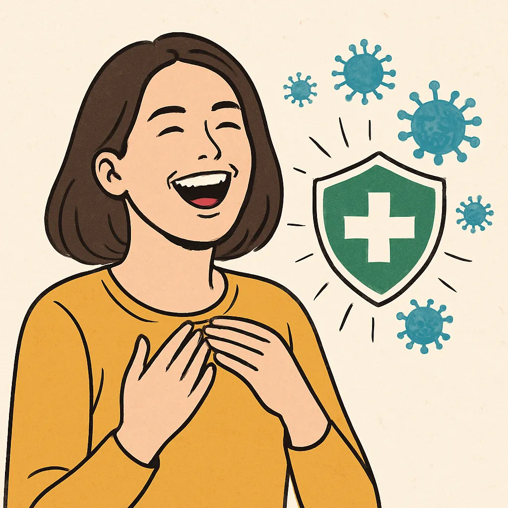 밝게-웃는-여성과-면역력을-상징하는-방패-주변에-바이러스-아이콘이-있는-모습-웃음이-스트레스를-줄이고-면역력-강화에-도움이-되는-사실을-표현한-장면