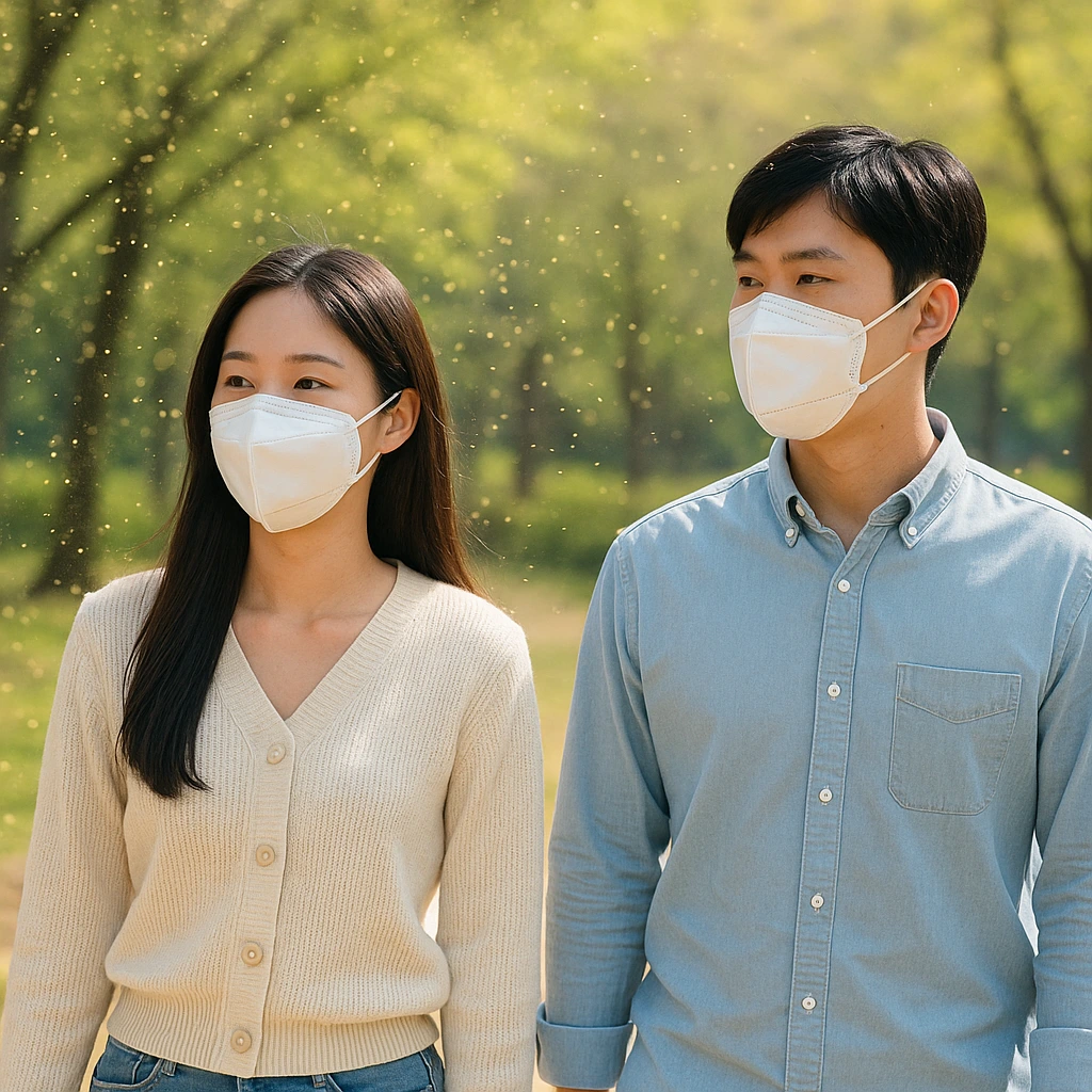 꽃가루 알레르기 피하려고 마스크를 착용한 사람