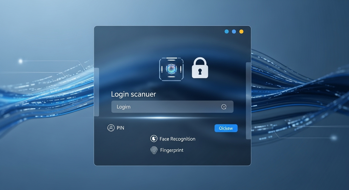 윈도우11 잠금 화면에서 PIN, 얼굴, 지문 인식 아이콘이 보이는 모습으로, 비밀번호 없이 로그인하여 편리하고 안전하게 PC를 사용하는 환경을 시각적으로 표현한 이미지