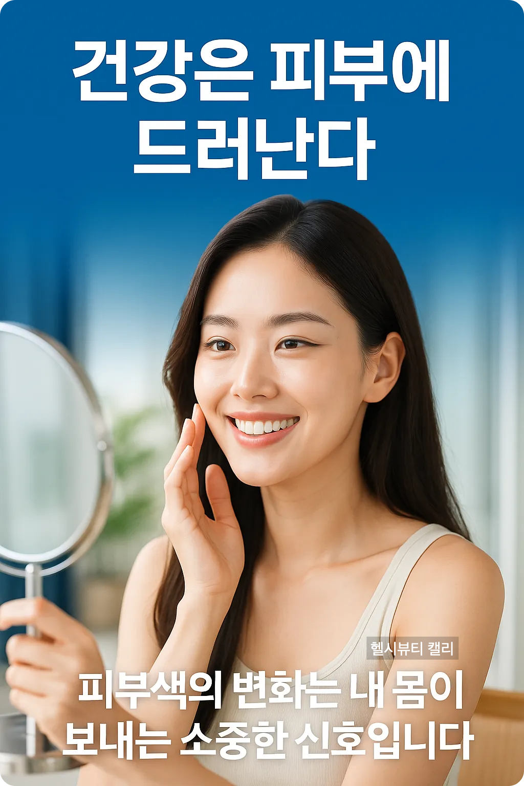 거울을 보며 건강한 미소를 짓는 젊은 여성, 푸른 배경의 건강 메시지