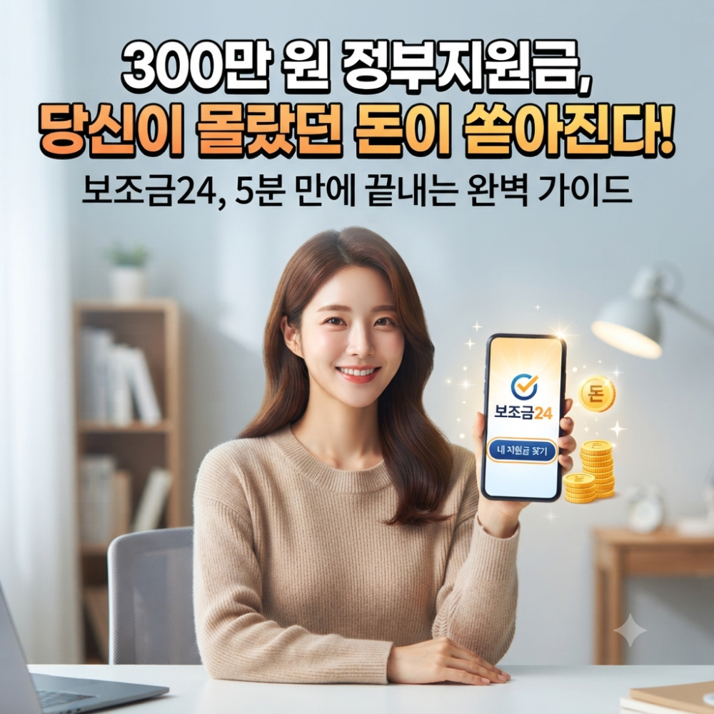 alt="따뜻한 실내를 배경으로 니트를 입은 여성이 미소 지으며 '보조금24' 앱 화면이 켜진 스마트폰을 들고 있고, 상단에는 '300만 원 정부지원금, 당신이 몰랐던 돈이 쏟아진다!'라는 문구가 적힌 블로그 썸네일 이미지"