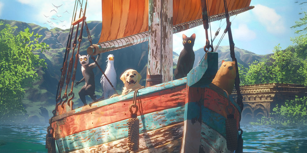 배의 앞머리에 서있는 카피바라 고양이 리트리버 뱁잡이수리, 여우원숭이