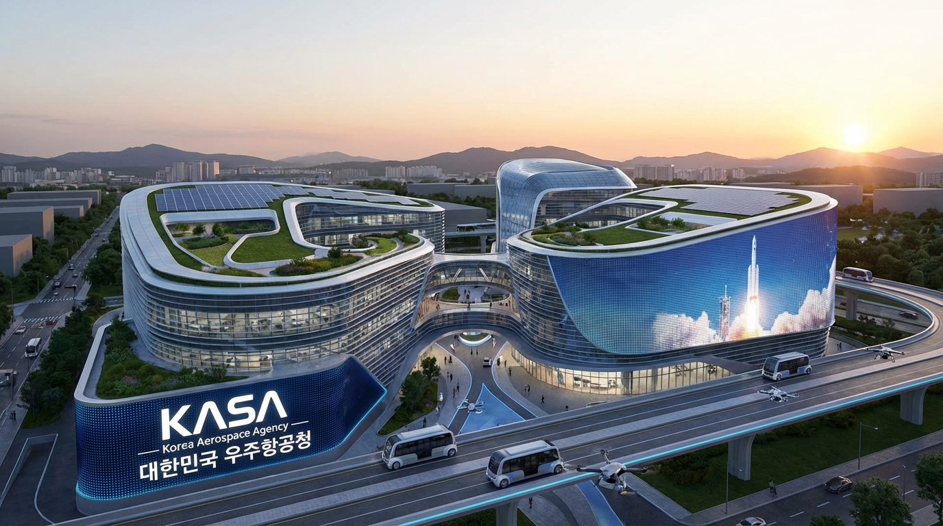 대한민국 우주 산업의 심장부인 우주 항공청(KASA) 본부의 현대적이고 미래 지향적인 전경