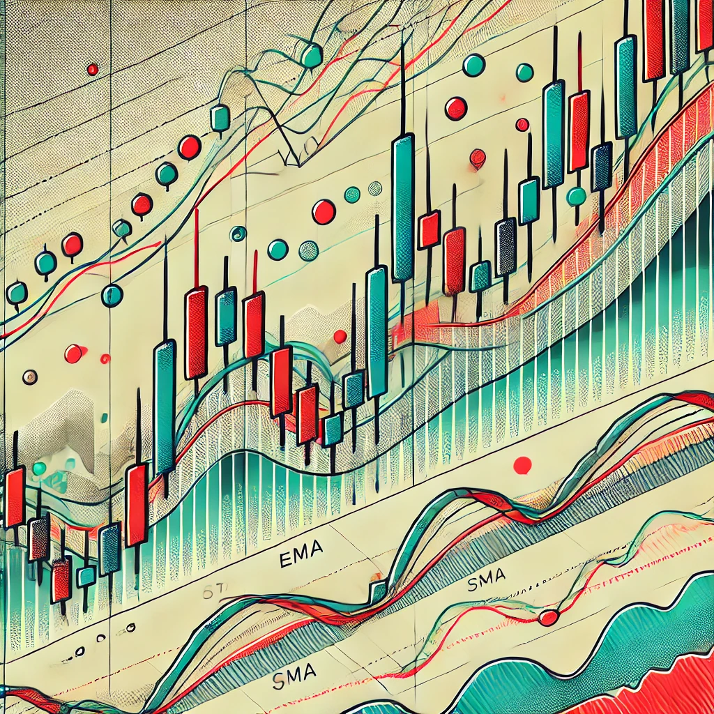 주식 차트의 캔들 패턴, 이동평균선, 그리고 RSI 그래프가 포함된 전문적인 이미지