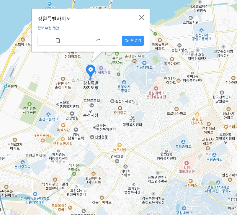 위성 지도로 전환한 강원도 모습