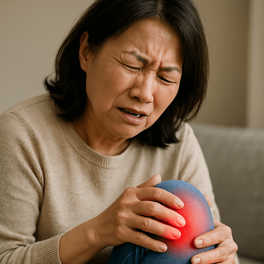 무릎 통증으로 불편해하는 중년 여성의 모습