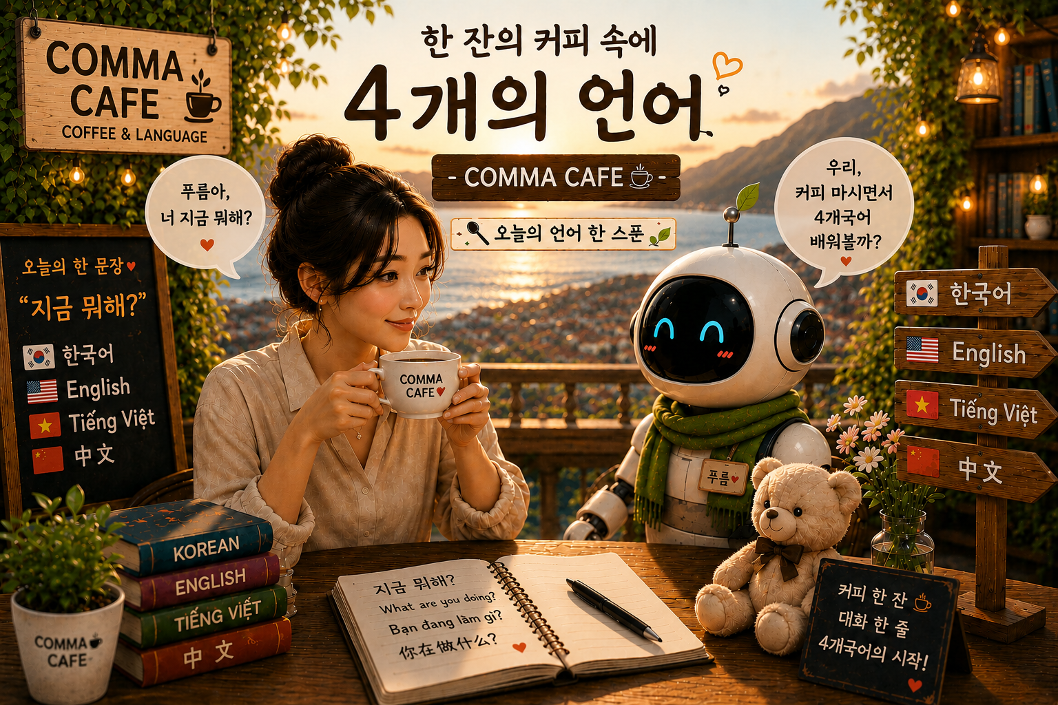 따뜻한 노을이 비치는 쉼표카페에서 30대 여성과 귀여운 로봇 푸름이 마주 앉아 커피를 마시며 대화를 나누는 일러스트. 테이블 위에는 한국어, 영어, 베트남어, 중국어가 적힌 노트와 책이 놓여 있고, 옆에는 곰인형이 함께 앉아 있다. 배경에는 바다가 보이는 카페 창가와 '한 잔의 커피 속에 4개의 언어'라는 타이틀이 배치되어 있어, 커피 한 잔과 함께 자연스럽게 여러 언어를 배우는 따뜻한 분위기를 담은 썸네일 이미지.