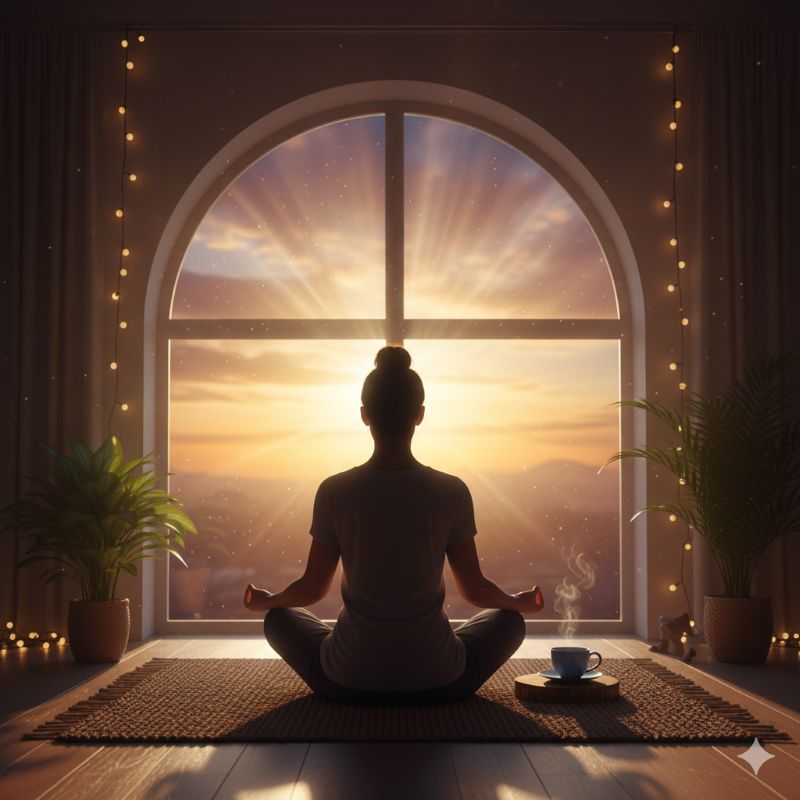 노을이 지는 창가에서 가부좌를 틀고 평온하게 명상하고 있는 사람의 뒷모습 실루엣