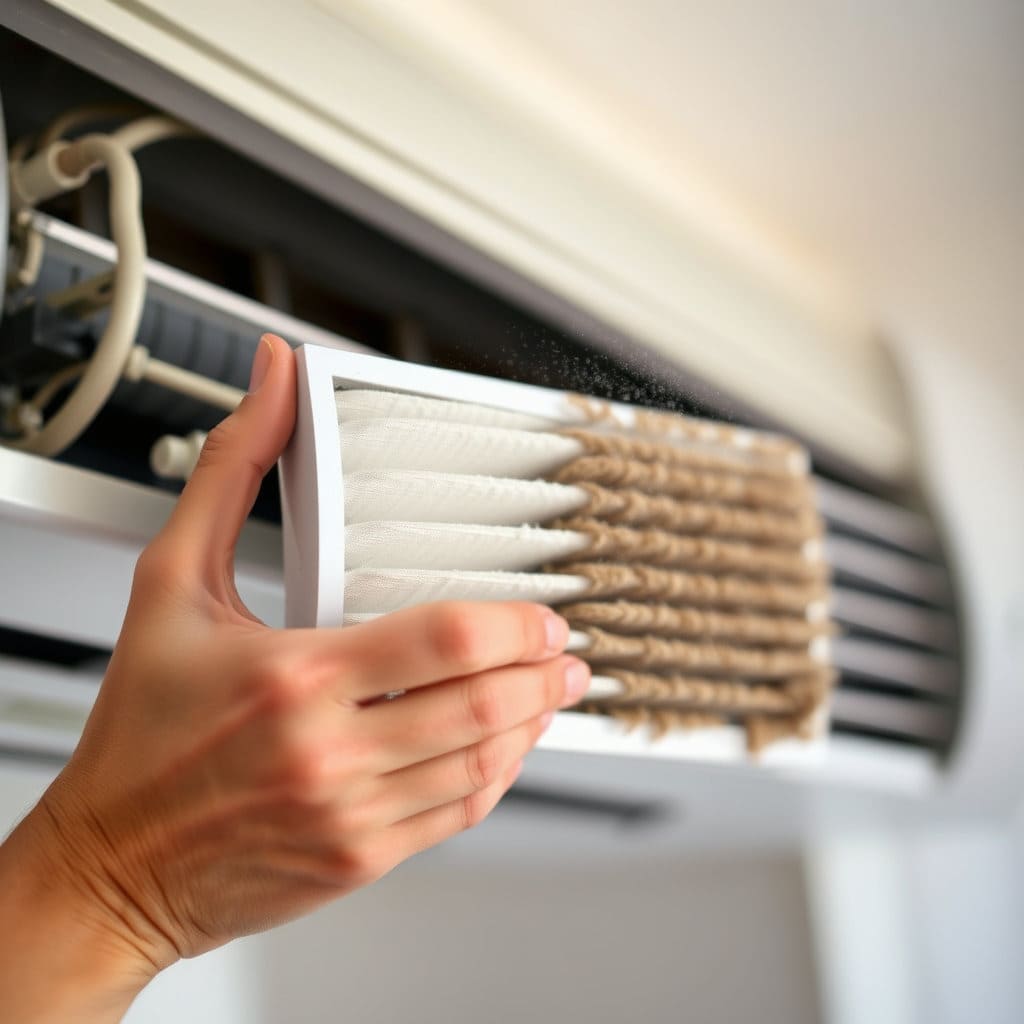 에어컨 필터를 꺼내어 먼지를 털거나 청소하는 손의 클로즈업. 깨끗한 필터와 더러운 필터의 대비를 통해 청소의 필요성을 시각적으로 보여줄 수 있습니다.
