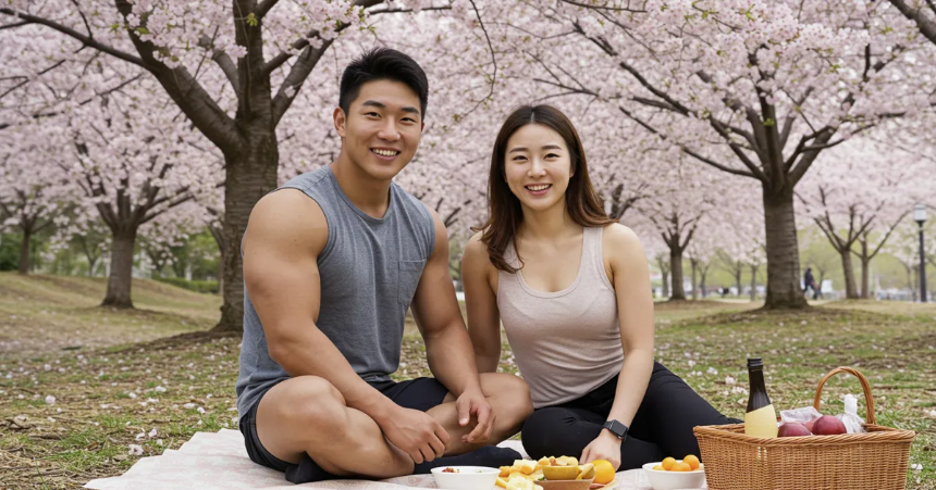 벚꽃나무 아래에서 피크닉을 즐기고있는 남녀커플 이미지