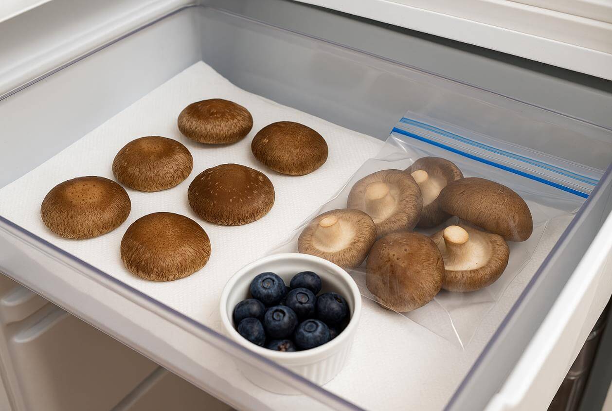 냉장고 서랍 속 키친타월 위에 신선한 표고버섯과 지퍼백 소분 표고, 그리고 블루베리가 함께 보관된 모습.